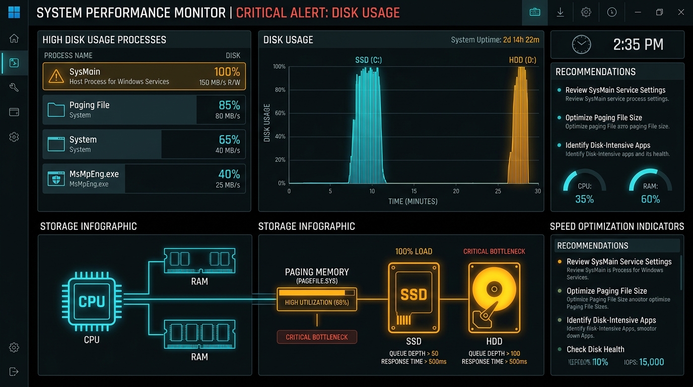 Windows Performance Dashboard showing 100 percent disk usage diagnostics on SSD and HDD with SysMain and paging memory bottlenecks