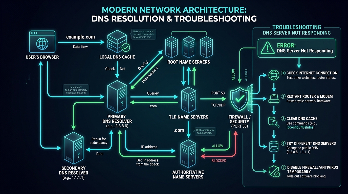 Modern network architecture diagram explaining DNS resolution process and troubleshooting steps for DNS Server Not Responding error