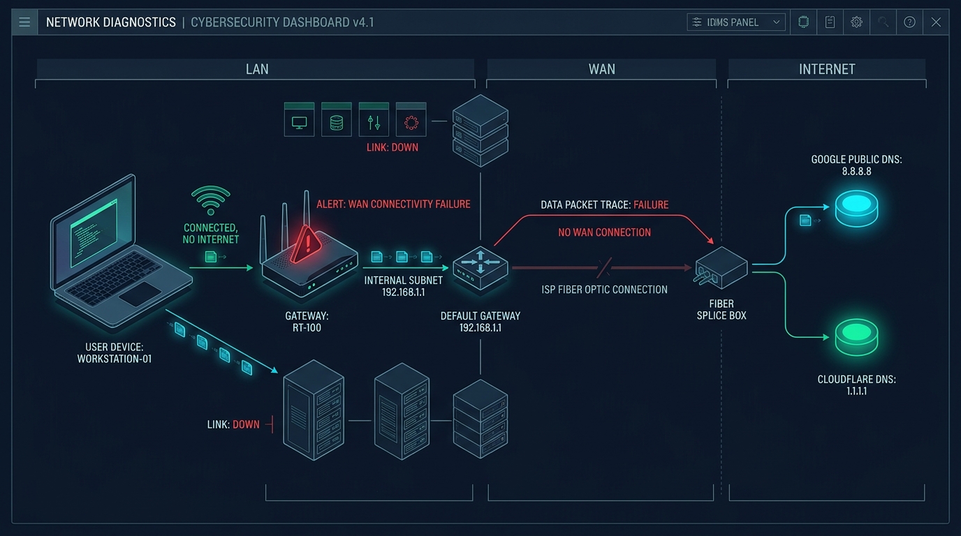 Technical diagram illustrating Wi-Fi Connected But No Internet diagnostic flowchart and packet flow